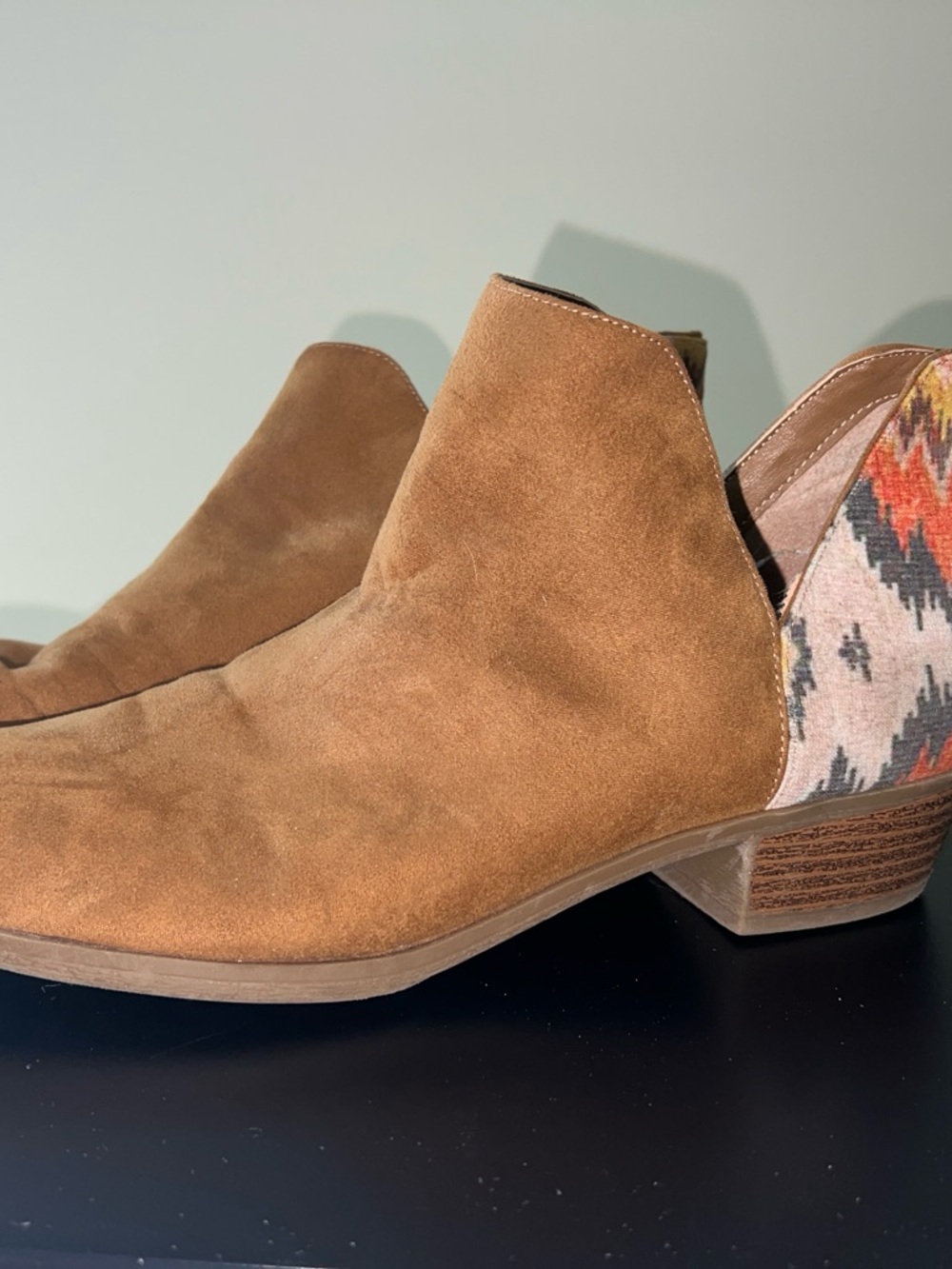 Indigo Tan Suede Ankle Booties with Patterned Heel Panel